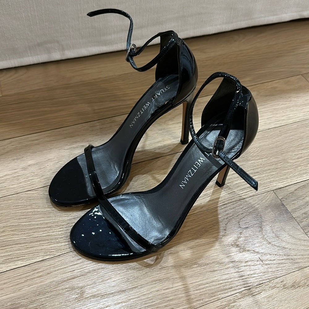 Stuart Weitzman black patent leather heeled sandals